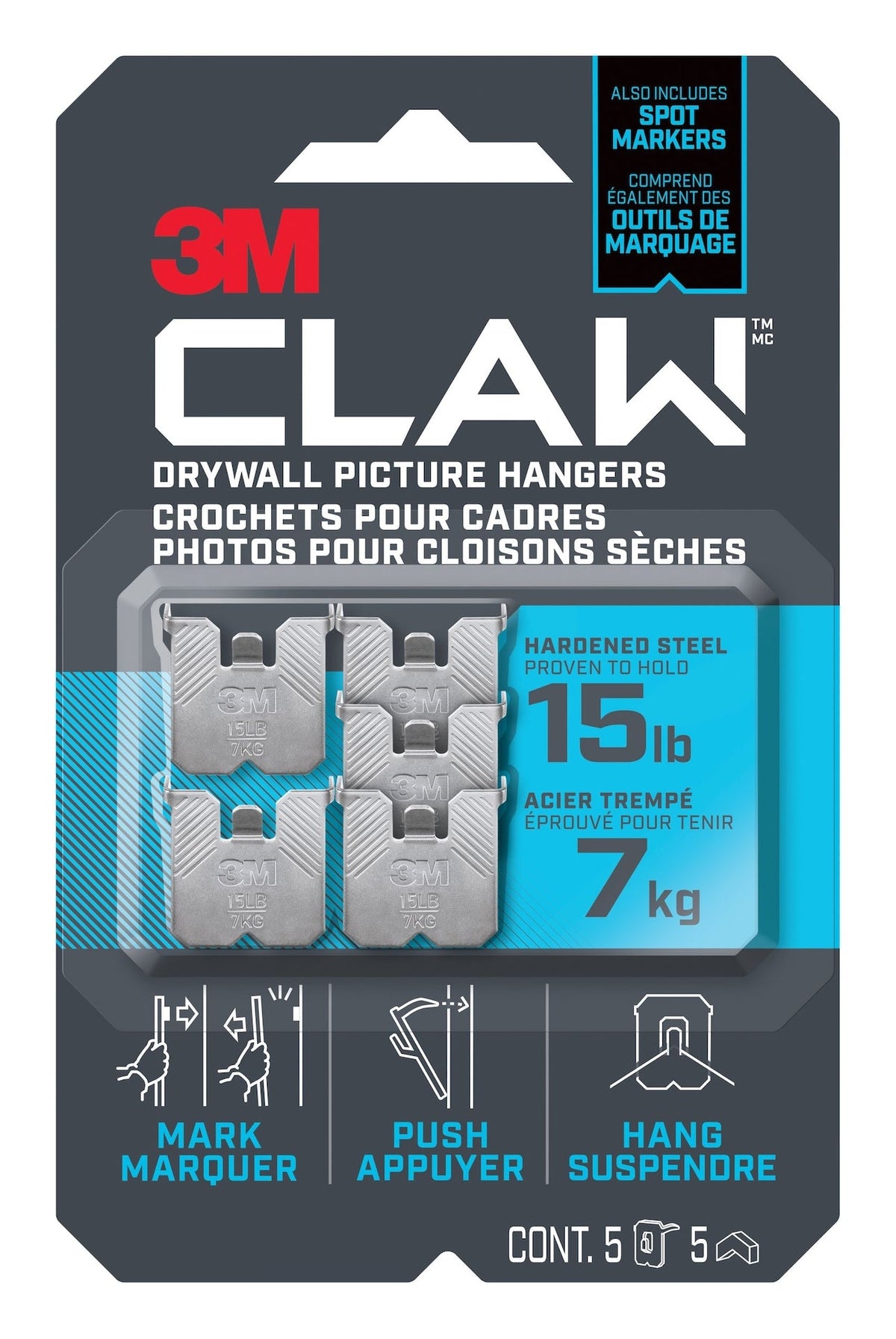Claw DrywAll Picture Hanger, 15-lb Capacity, 5 Hangers per Pack
