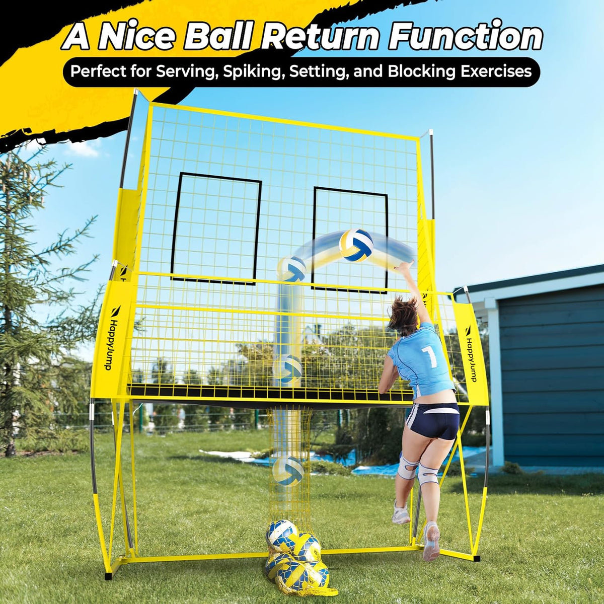 Adjustable volleyball training net equipment system (8x11 feet), suitable for adult outdoor or indoor volleyball practice, equipped with volleyball.