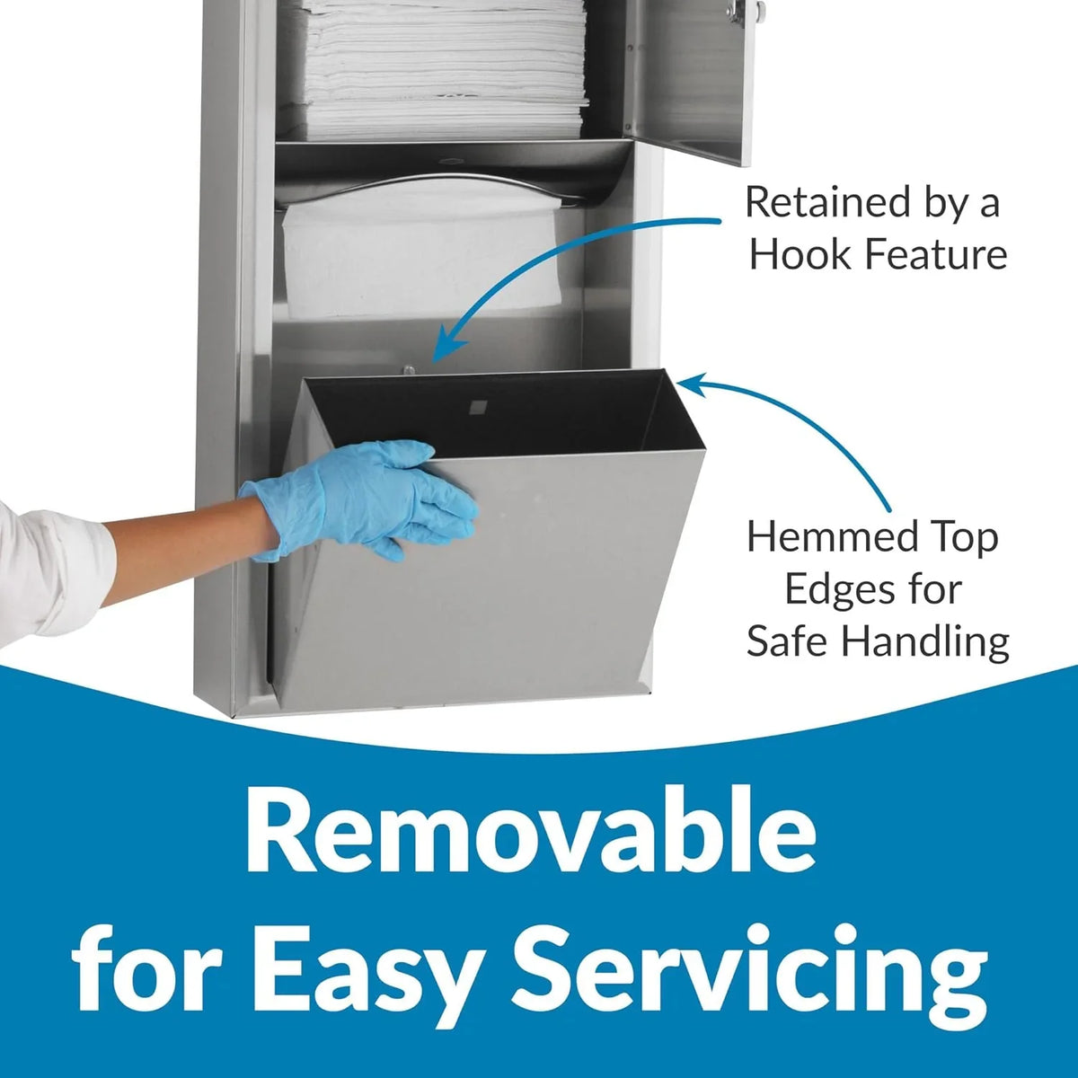 Wall-mounted tissue dispenser and waste paper storage box. Mirror-polished stainless steel material. 2-gallon capacity. Can hold 350 single-layer or 475 multi-layer tissues. Easy to install. Suitable for commercial bathrooms.