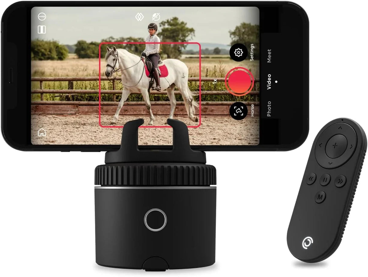 Equestrian silver base set, automatic facial recognition, body recognition, horse mobile tracker, AI-driven 360-degree rotation function, remote control video recording device without manual operation, suitcase and tripod