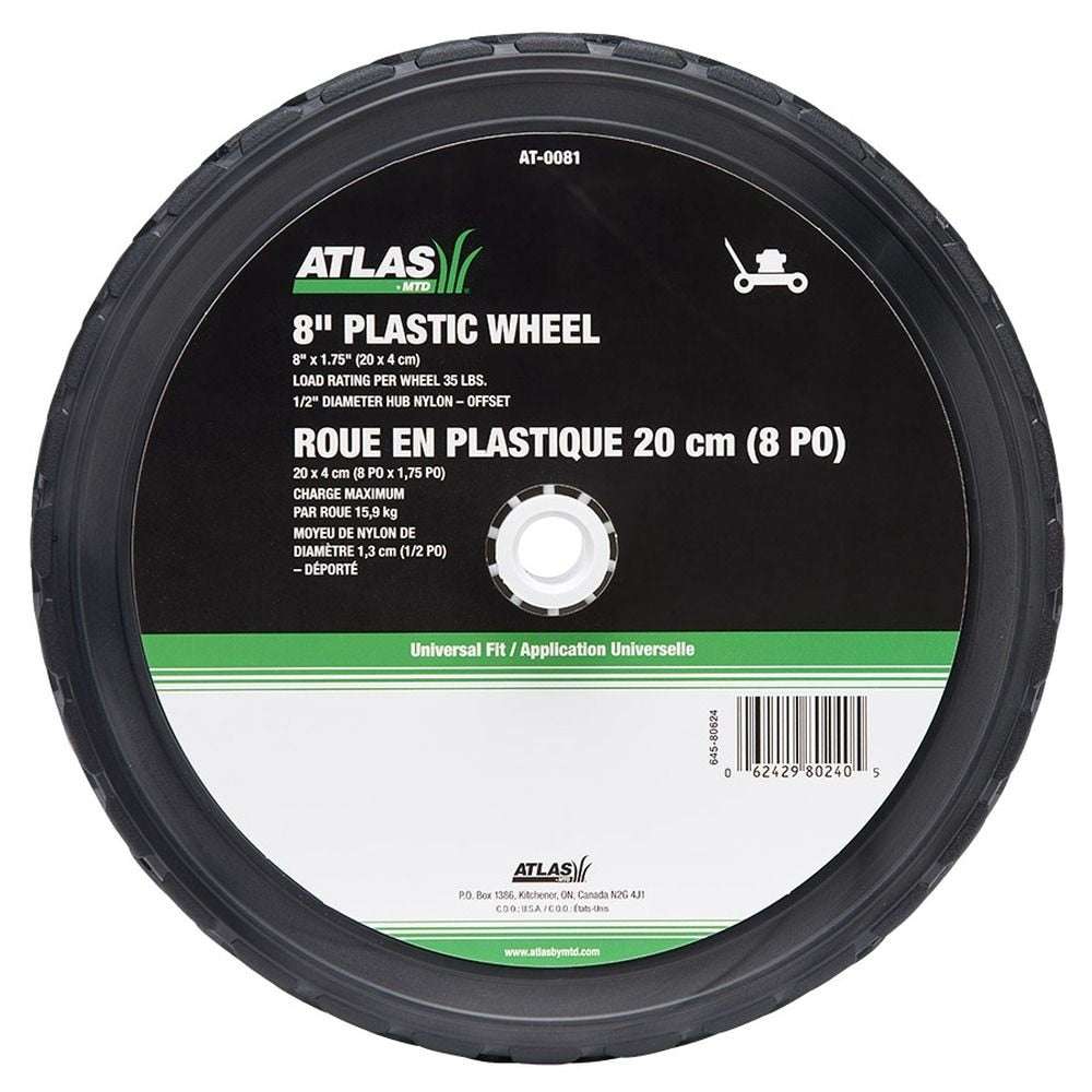 Plastic Lawn Mower Replacement Wheel, Wide Tread 8-in x 1.75-in