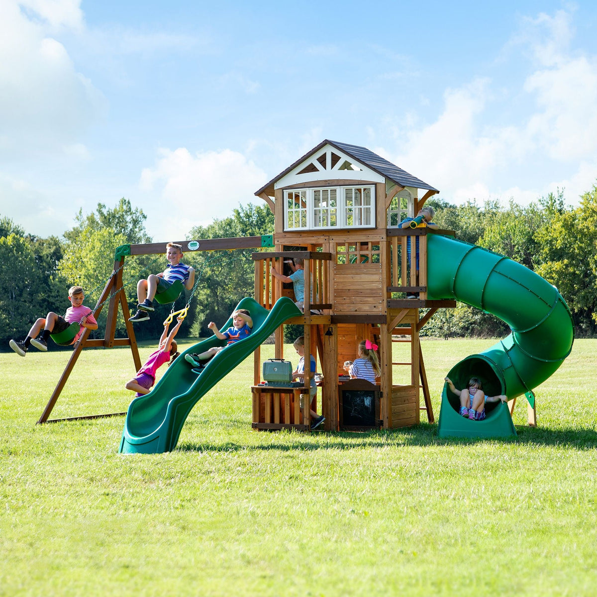 Kids' Bristol Point Cedar Wood Swing Set with Swing Beam, Upper & Lower Fort, Rock Wall & Slide Play for up to 11 Kids