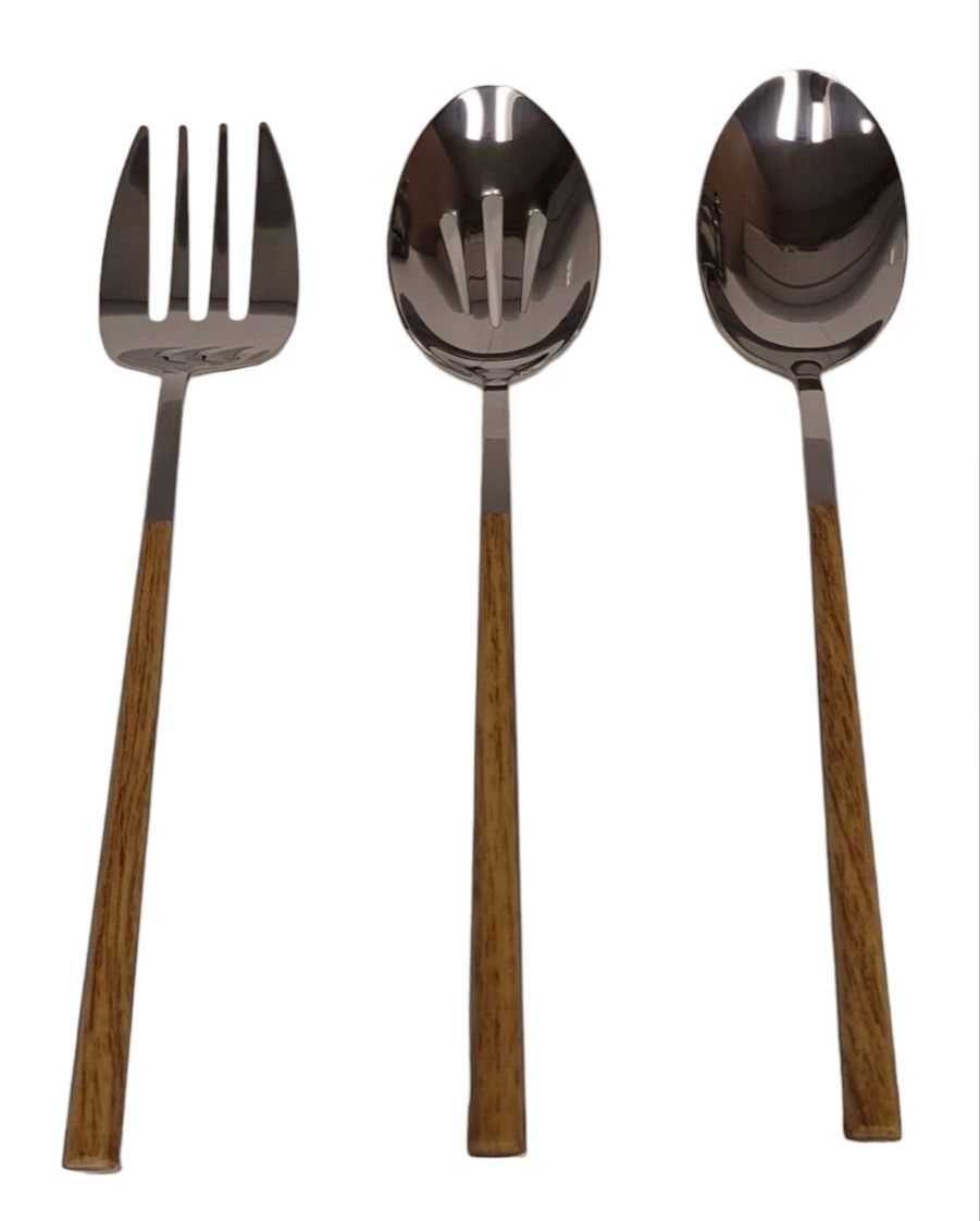 Kin Stainless Steel Serving Set with Faux Wood Finish, 3-pc