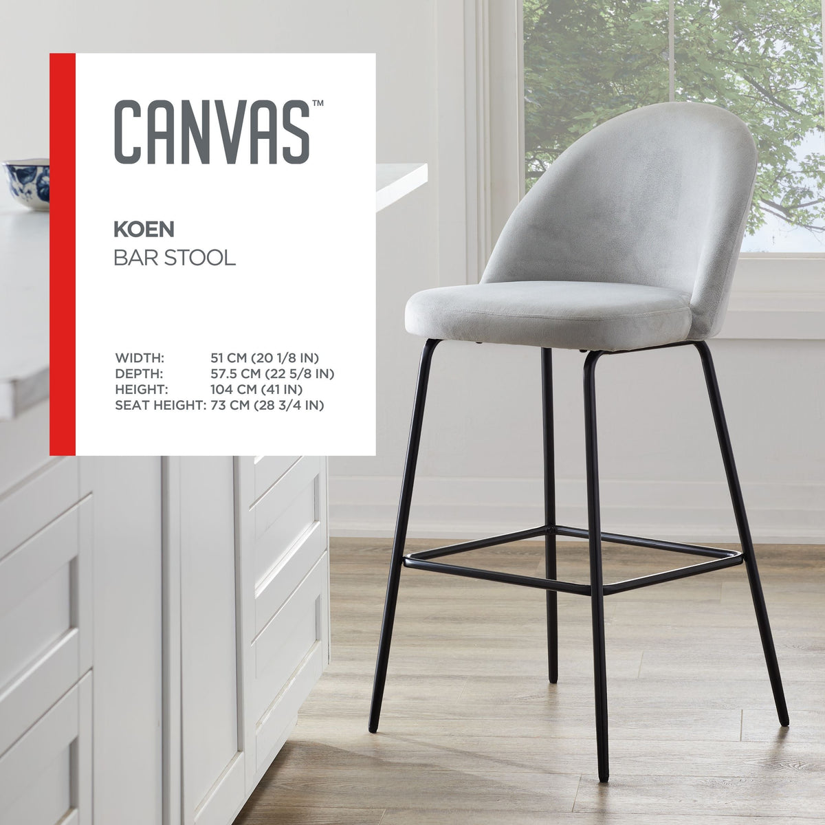 Koen Bar Elegant Counter Stool with Footrest, Grey