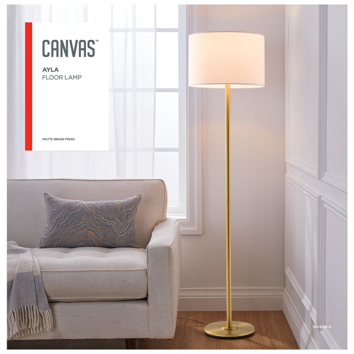 White Drum Shade Floor Lamp, 16-in, Metallic Gold/Matte Brass