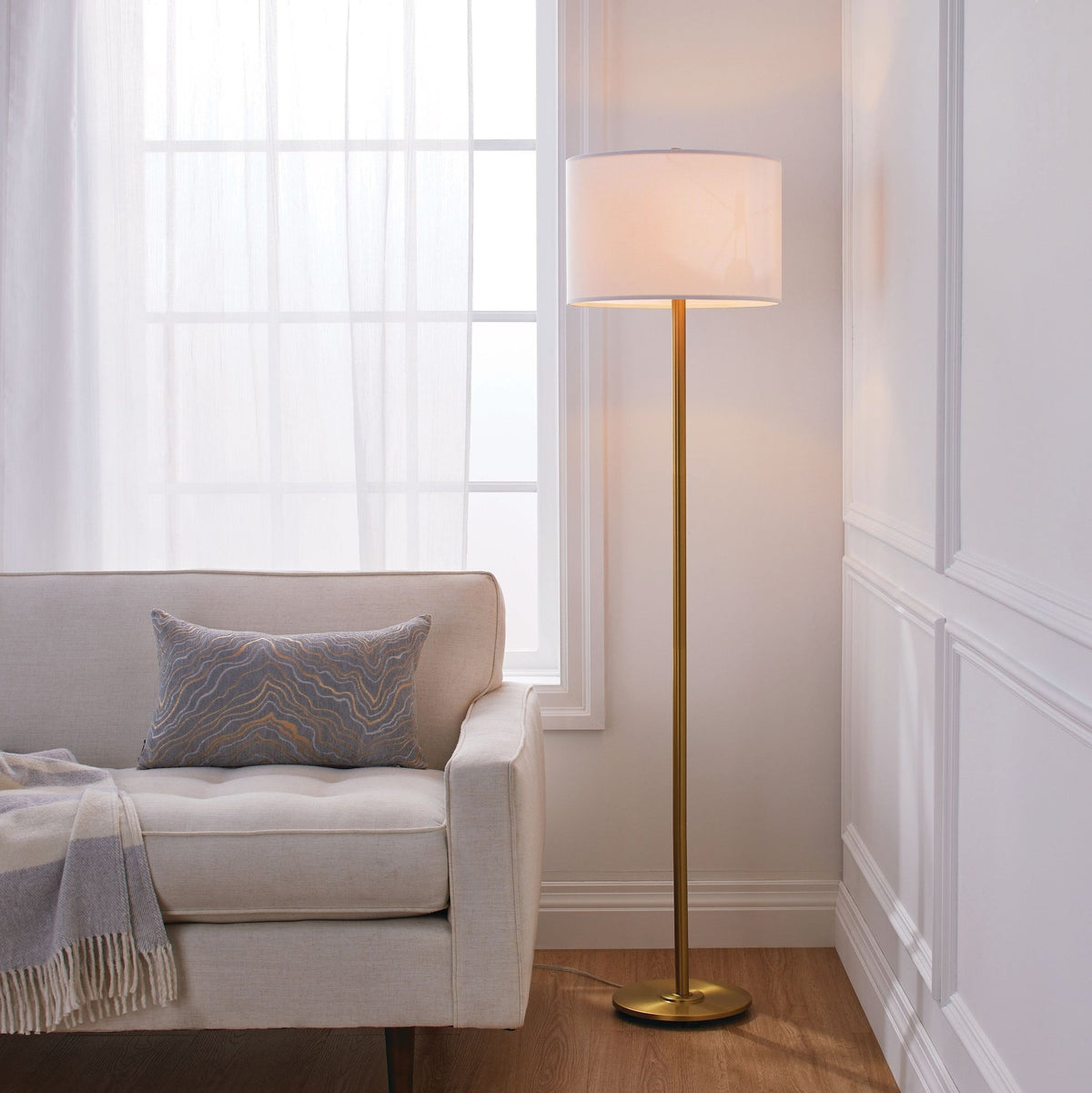 White Drum Shade Floor Lamp, 16-in, Metallic Gold/Matte Brass