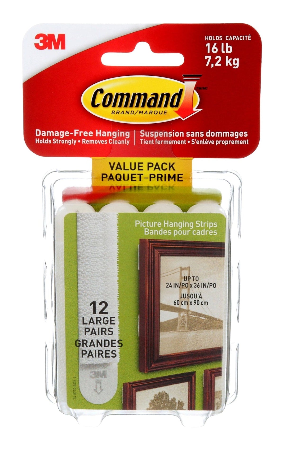 Large Adhesive Picture Hanging Strips Value Pack, White, 16-lbs, 12 Strips per Pack