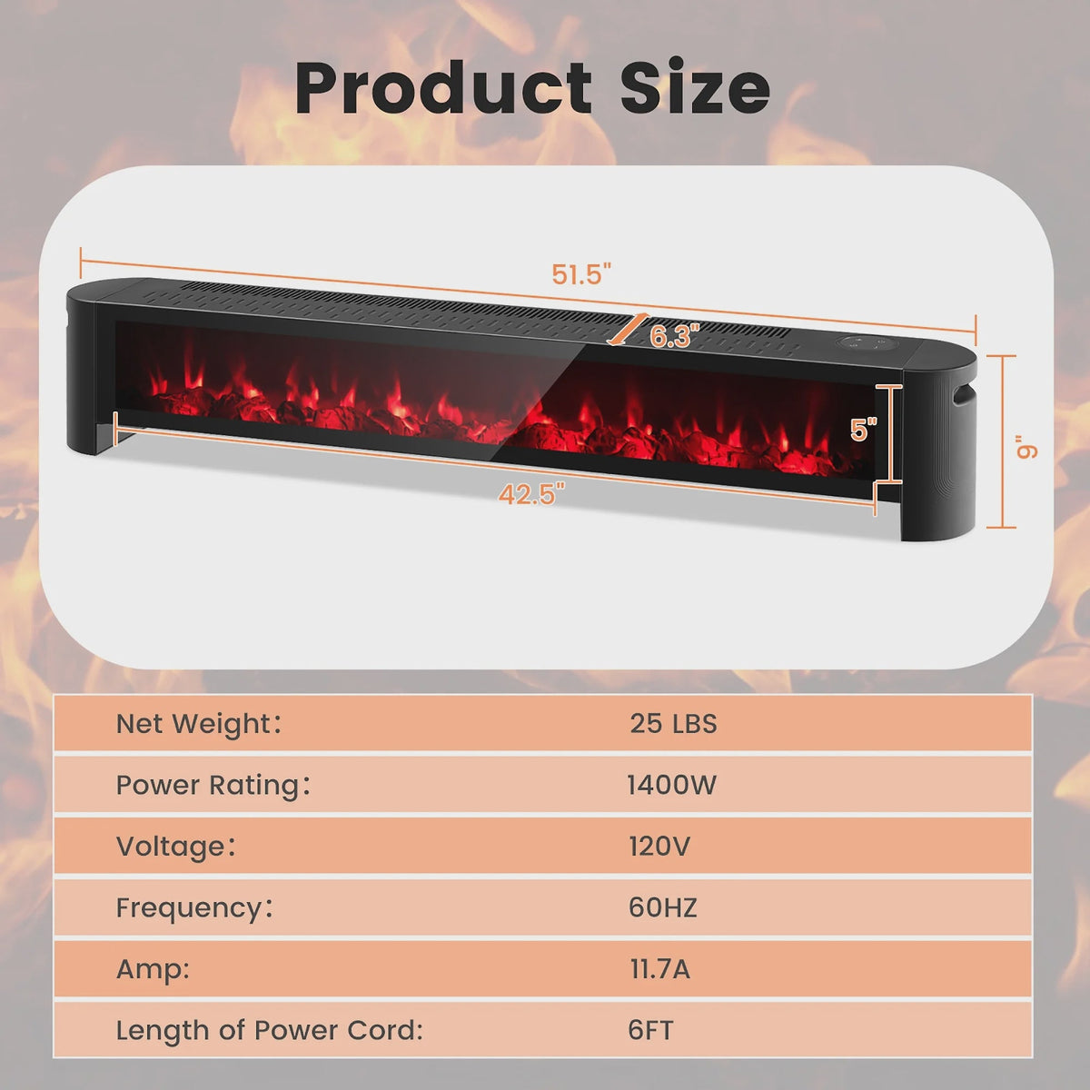 1400W Electric Baseboard Heater Convection Space Heater with Realistic 3D Flame