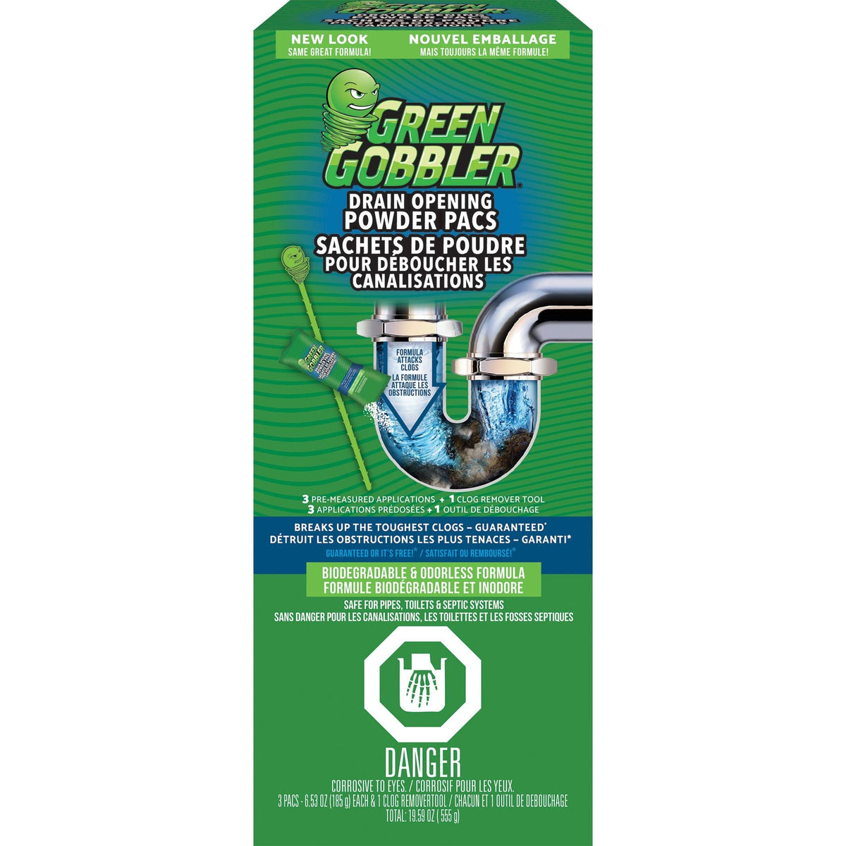 Drain Clog Dissolver Pacs, Biodegradeable, 555-g, 3-pk