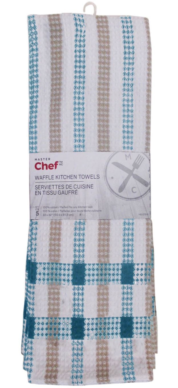 Cotton Plaid Waffle Kitchen Towels, Reusable, 22-in x 32-in, 5-pk, Assorted Colours