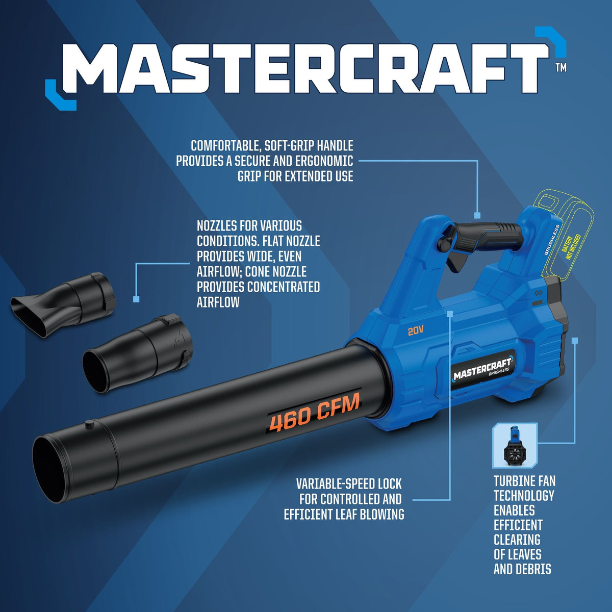 20V Cordless 460 CFM Brushless Leaf Blower, Tool Only, Compatible