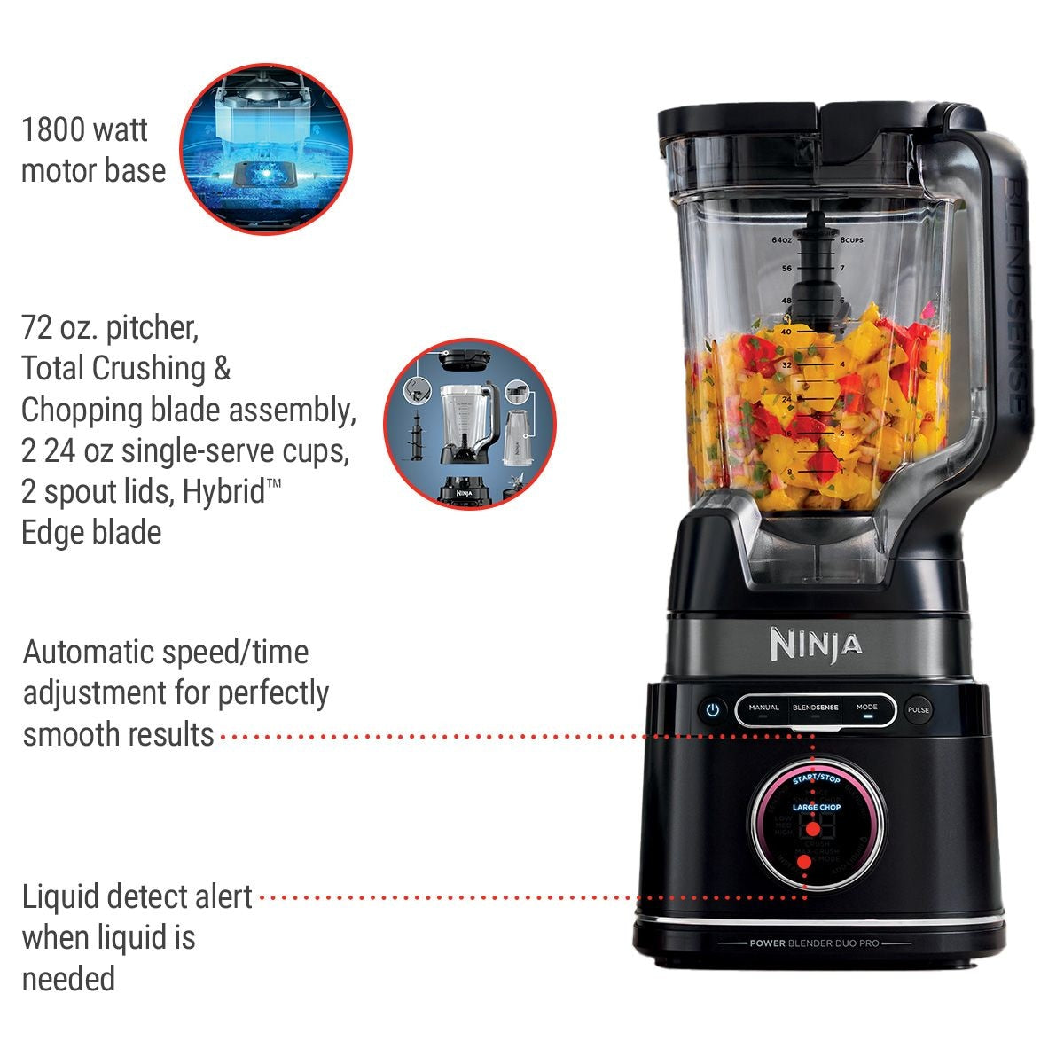 Duo Blender with 72-oz Full-Size Pitcher & Pre-Set Programs, Includes Two 24-oz Single-Serve Cups, 1800W