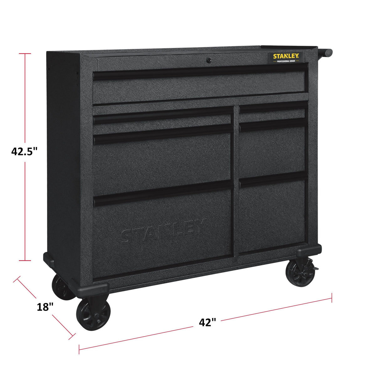 Rolling Tool Storage Cabinet with 7 Drawers, Power Bar with USB, Black, 42-in