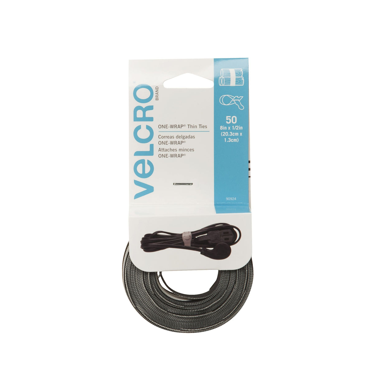 Hook-and-loop Reusable Thin Nylon Cable & Wire Ties, Black/Grey, 8 x 1/2-in, 50-pk