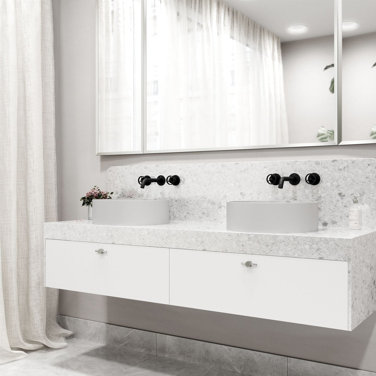 Anvil Round White Composite Bathroom Sink/Basin Set with Cass Wall Mount Faucet and Pop-Up Drain