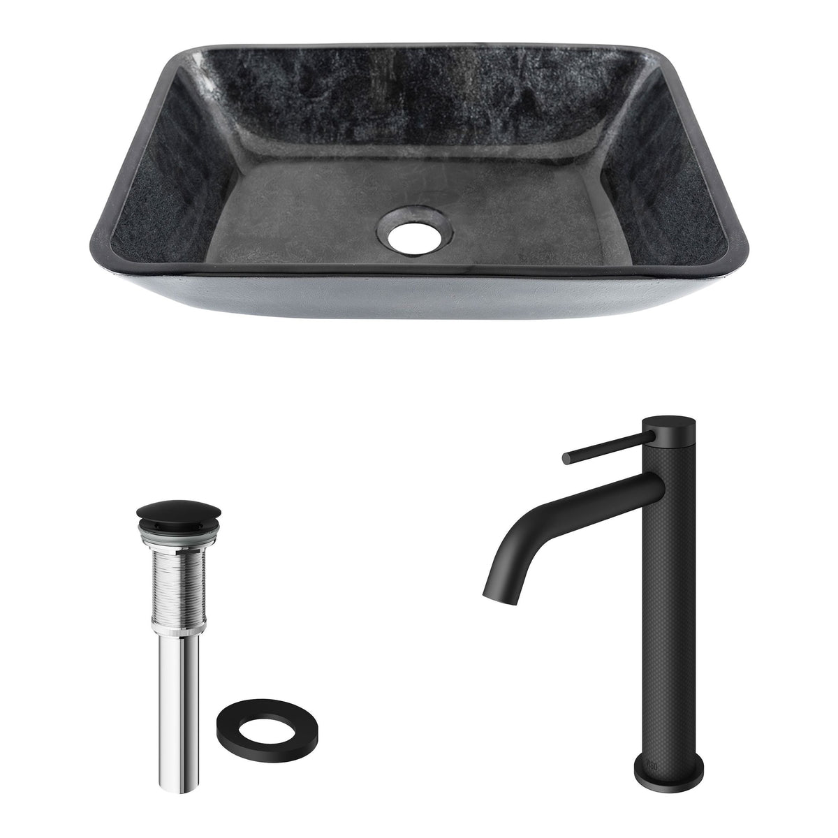 Glass Grey Onyx Bathroom Sink/Basin Set with Matte Black Lexington Faucet and Rectangular Vessel