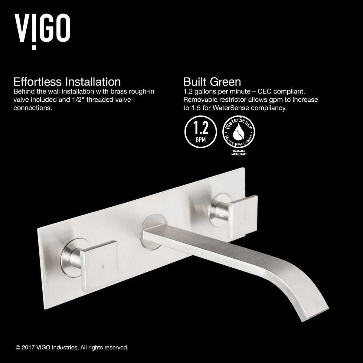 Titus Wall Mount Dual Handle Bathroom Sink Faucet, Eco-Friendly 1.2 GPM Flow Rate, Brushed Nickel