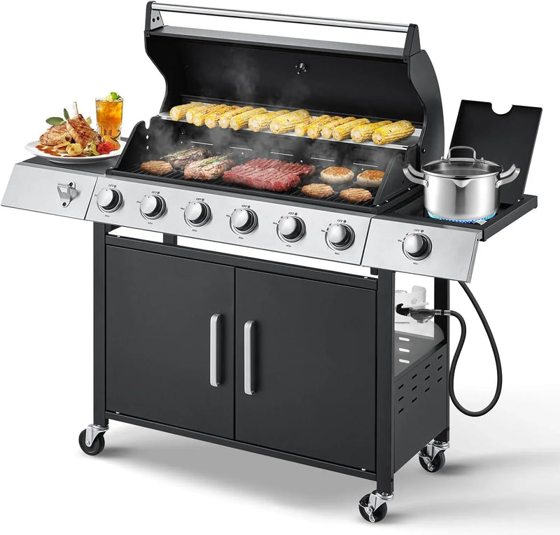 Upgraded 4 Burner BBQ Propane Gas Grill with Cast Iron Grates & Side Stove, 44,000 BTU Stainless Steel Burner Barbecue Grill for Patio, Camping, Outdoor Cooking MELLCOM K9383