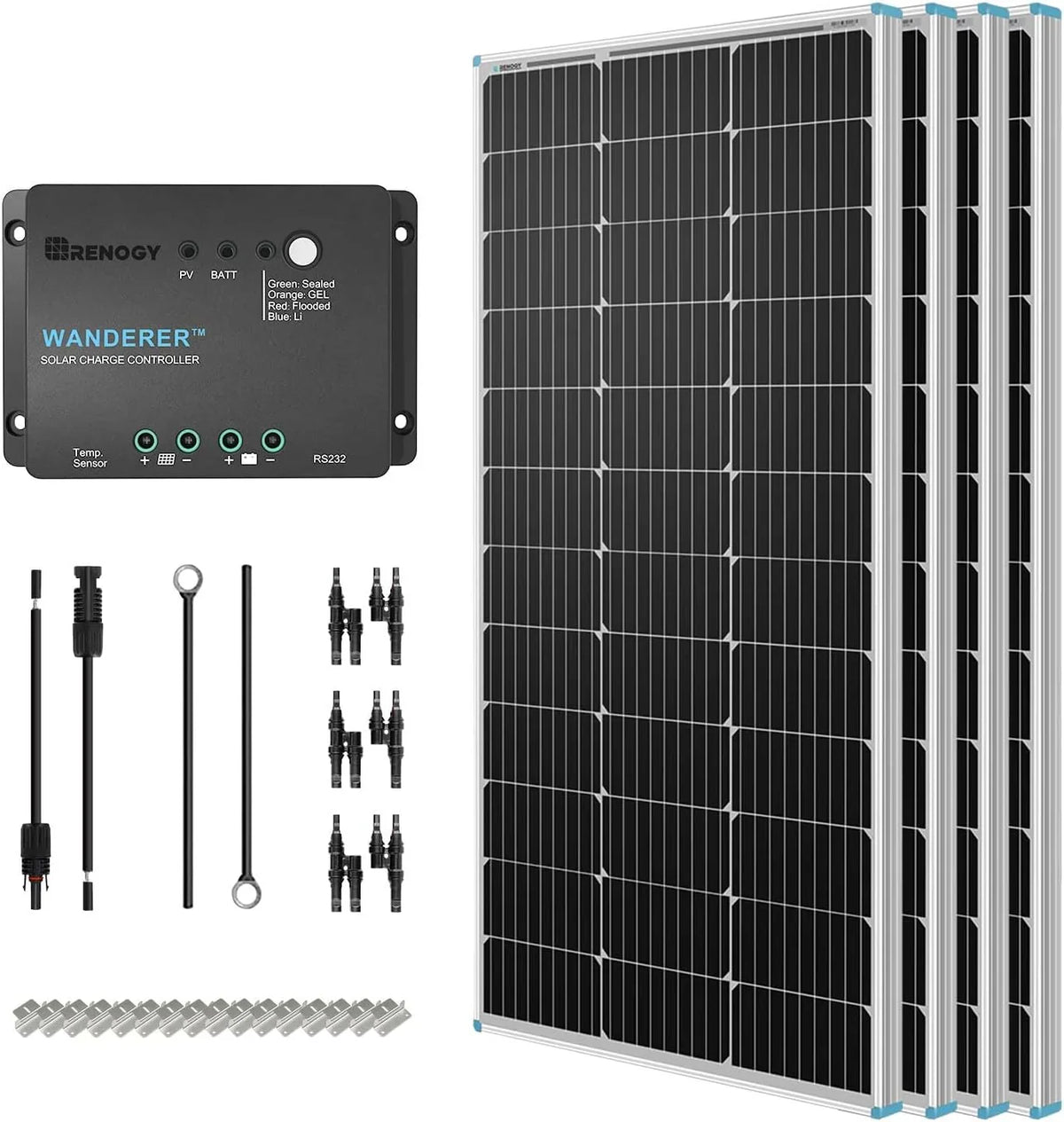 400 Watt 12 Volt Premium 4 Pcs 100W Panel 40A MPPT Charge Controller Wireless Module Fuse Mounting Z Brackets Adaptor Kit Tray Cables Set, 400W, Grid 12V Solar Power System