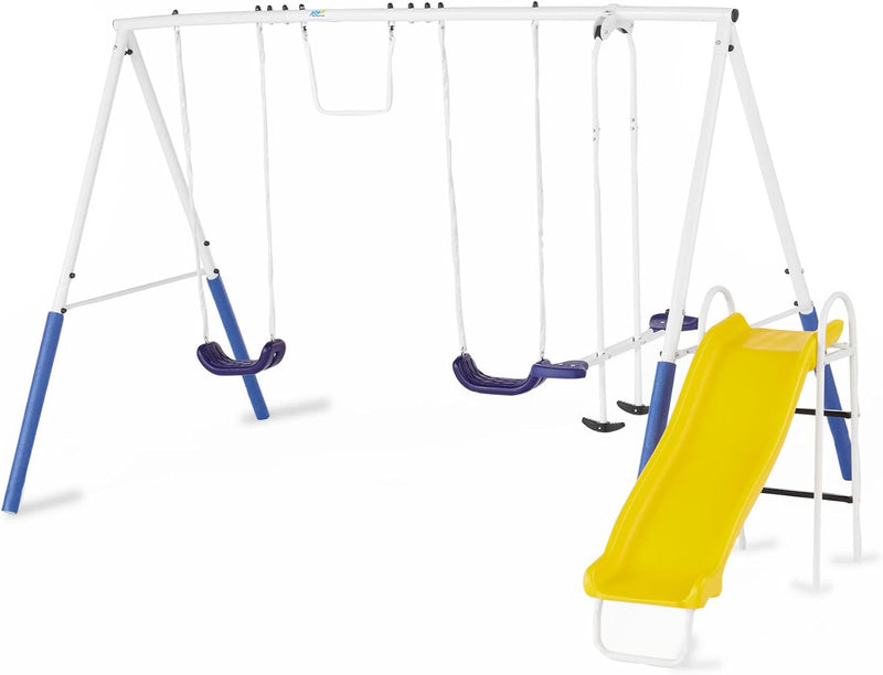 Recreation Blue Ridge Backyard Playground Set Sturdy Metal A Frame Swing with Chain Covers, Glider, Trapeze, 2 Swings, and Slide, Multicolor I5738