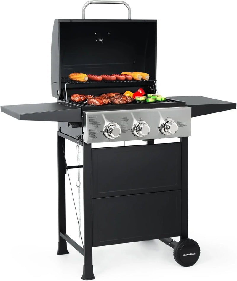 Burner BBQ Propane Gas Grill, Stainless Steel 30,000 BTU Patio Garden Barbecue Grill with Two Foldable Shelves G2600