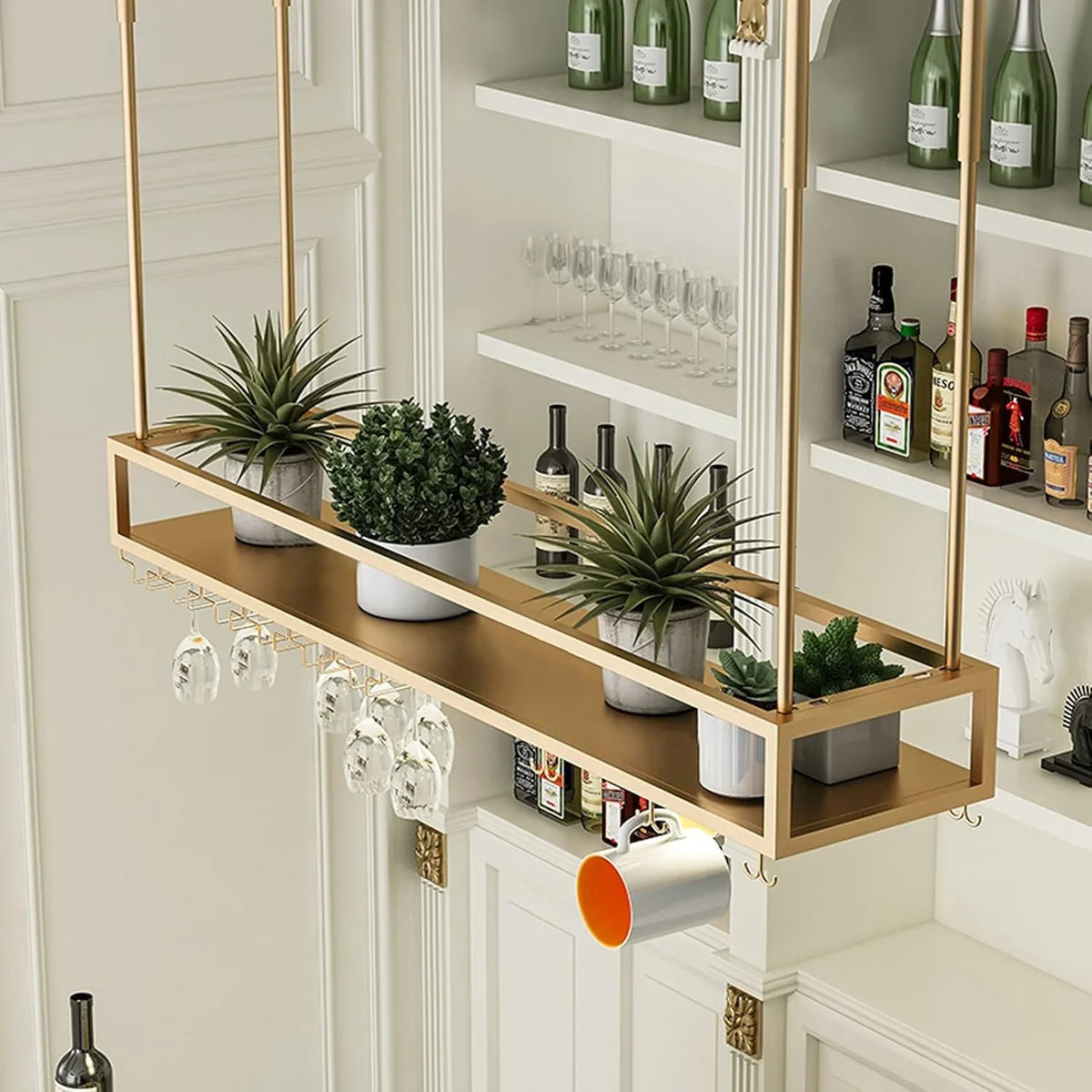 Wall Mounted Wine Rack for Bars & Restaurants Gold Metal Hanging Storage for Wine Bottles & Stem Glasses Perfect for Dining Room & Kitchen Decor Space Saving Design