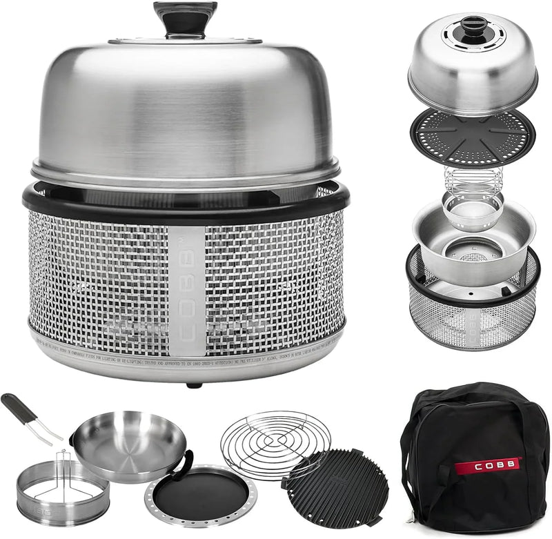 Stainless steel non-smoking portable tabletop charcoal grill with a frying pan, an outdoor barbecue grill with 10 functions, suitable for camping, boats and RVs, is the perfect combination for an outdoor kitchen (fully equipped) P2637
