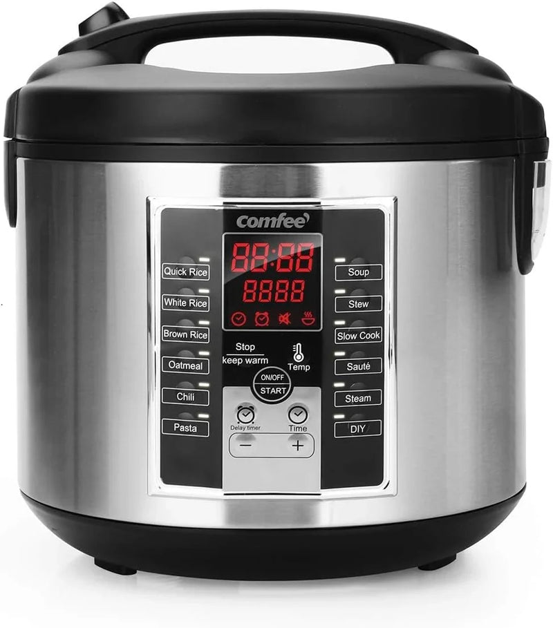 Compact electric rice cooker, 6-in-1 stainless steel multi-functional cooking utensil, slow cooker, steamer, frying pan, heater and warmer, 2-gallon capacity (8 cups cooked, 4 cups uncooked), suitable for brown rice, quinoa and oats, 6 P4564