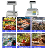 Commercial digital scale, equipped with thermal printer, 4 window vertical double-sided LCD display, capable of printing labels, maximum load capacity of 66 pounds, 110 volts, portable, suitable for storage areas, restaurants, bakeries