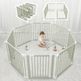 Baby Playpen & Gate - 144 x 144 x 63 cm, Extends Up to 579 cm - Pine Wood Foldable Playpen with Child-Proof Lock - Safe Play Fence Easy Assembly Baby Play Yard - Light Wood White
