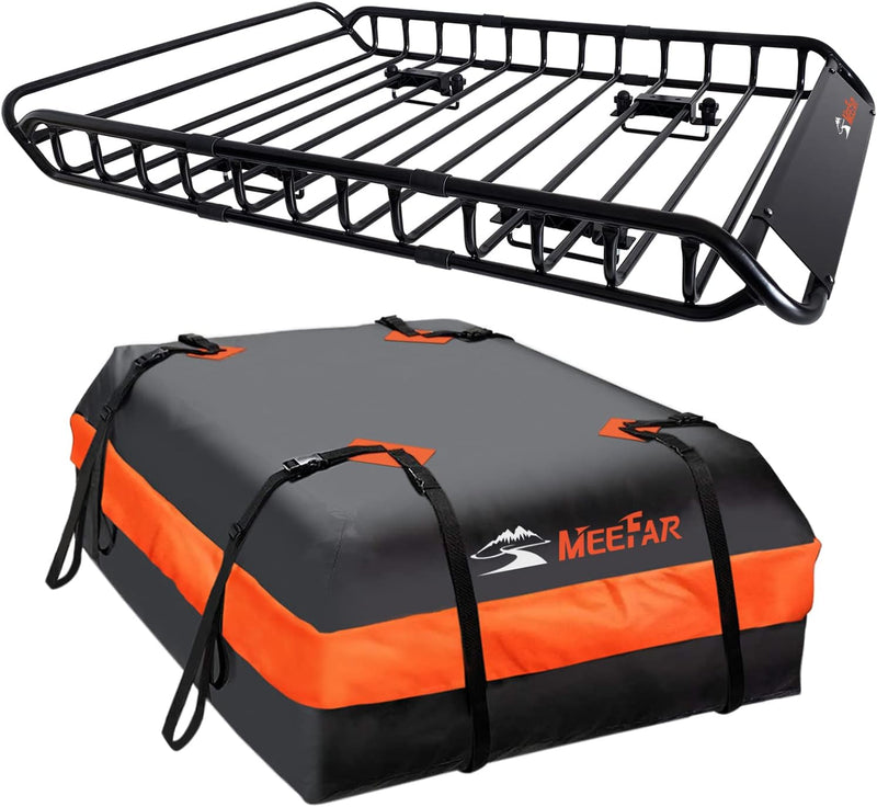 Roof Rack Carrier Basket Universal Rooftop 51" X 36" X 5" Waterproof Bag 15 Cubic Feet (44" 34" 17"), and Cargo Net with Attachment Hooks, Ratchet Straps V654