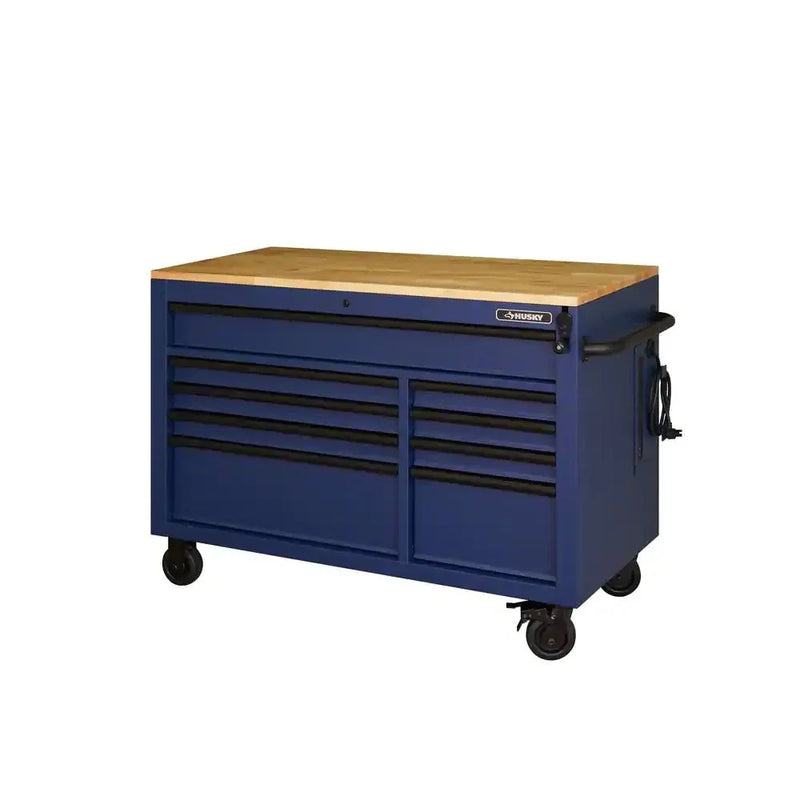 Heavy-Duty 52 in. 9-Drawer Mobile Workbench with Adjustable-Height Solid Wood Top in Matte Blue W2801