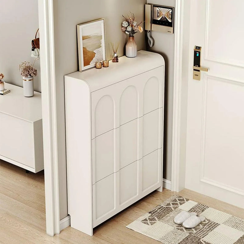 Narrow white artificial wooden shoe cabinet with door, modern entrance shoe rack, standalone hidden shoe cabinet E9066