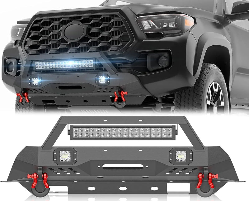 for Tacoma 3rd Gen Stubby Front Bumper Compatible with 2016 2017 2018 2019 2020 2021 2022 2023 Tacoma with Skid Plate, Winch Plate, License Plate Frame, LED Lights & D-rings, Black L5079