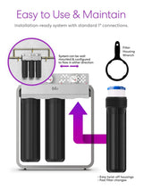 Whole-house filtration system, designed to remove iron and manganese, with a flow rate of 900 gallons per minute, dimensions of 4.5 inches x 20 inches, featuring a built-in sediment filter, activated carbon filter and iron/manganese filter, with a li