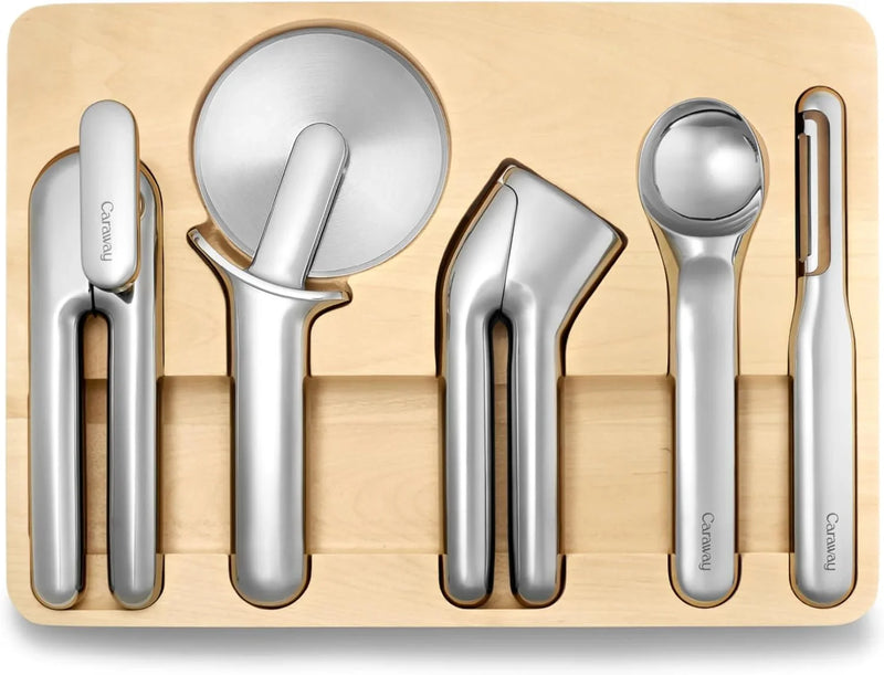 Kitchen Tool Set - Five-piece essential kitchen items - Made of stainless steel - Includes can opener, pizza cutter, garlic press, ice cream scoop, vegetable peeler and storage organizer box V5890