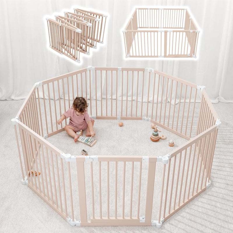 Baby Playpen & Gate - 144 x 144 x 63 cm, Extends Up to 579 cm - Pine Wood Foldable Playpen with Child-Proof Lock - Safe Play Fence Easy Assembly Baby Play Yard - Light Wood White K2458