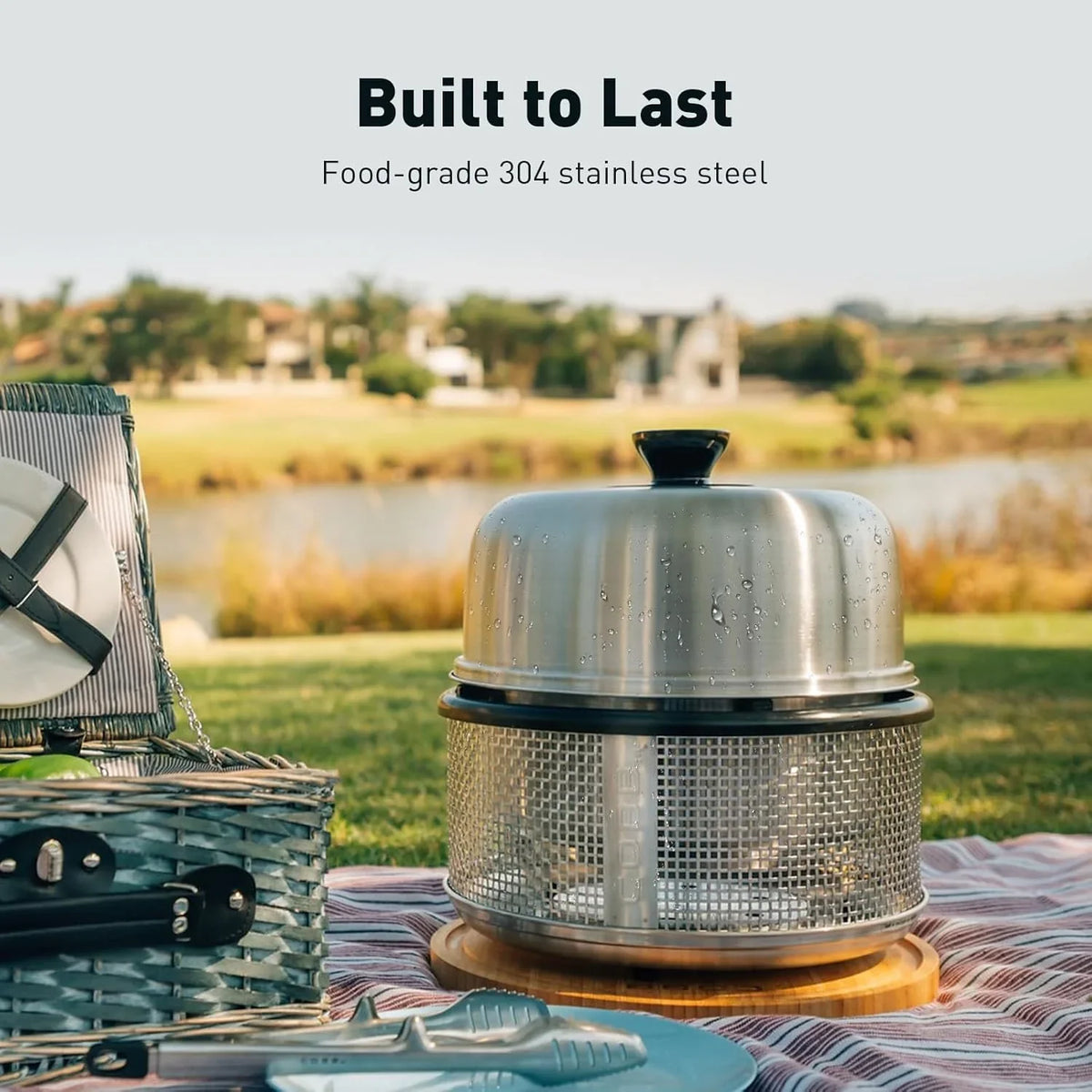 Stainless steel non-smoking portable tabletop charcoal grill with a frying pan, an outdoor barbecue grill with 10 functions, suitable for camping, boats and RVs, is the perfect combination for an outdoor kitchen (fully equipped)