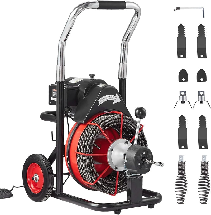 Drain Cleaner Machine 100FT x 1/2 Inch, Auto Feed Sewer Snake Auger on Wheels, 550W Portable Drain Cleaning Machine with 8 Cutters & Air-activated Foot Switch for 2" to 4" Pipes O6091