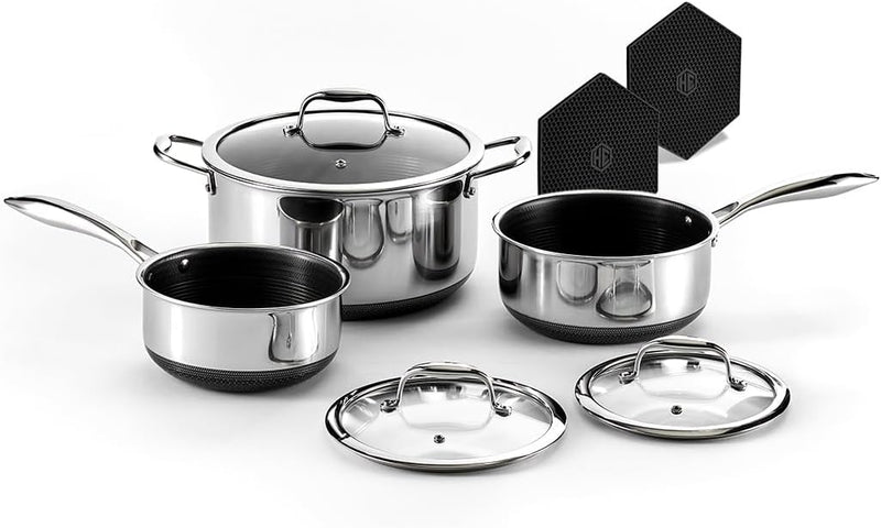 Hybrid Nonstick 6-Piece Pot Set with 2 Silicone Trivets, 2, 3, and 8-Quart Pots with Tempered Glass Lids, Stay-Cool Handles, Dishwasher-Friendly, Induction-Ready, Compatible with All Cooktops G6637