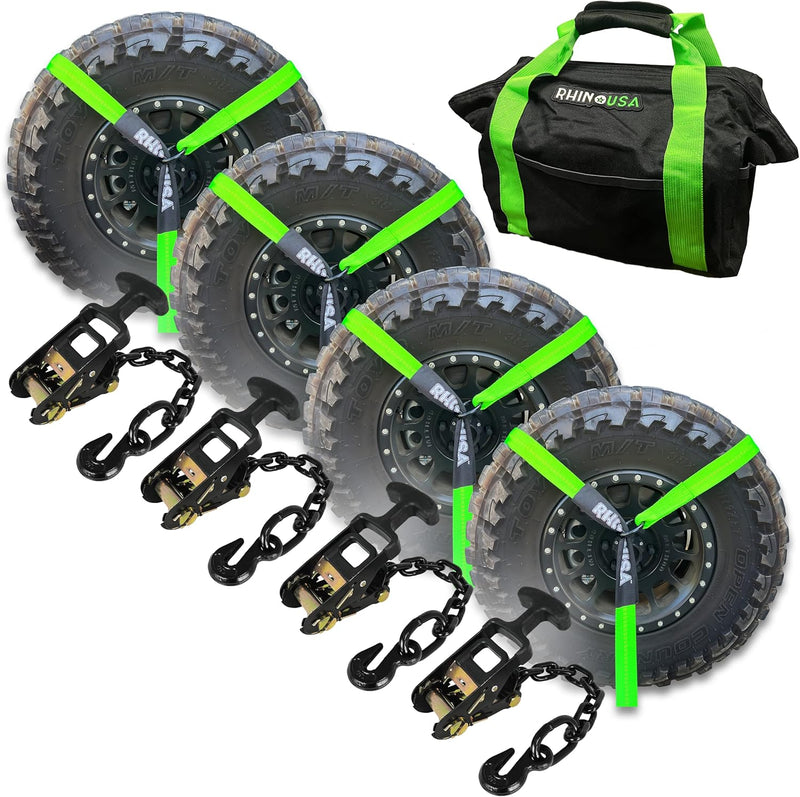 Car Tie Down Straps for Trailers with Flat Hooks (4-Pack) - 2 Inch x 8 Feet (10,000lb Break Strength) - Heavy Duty T-Handle Car Lasso Tire Straps for Trailer & UTV - Black F9423