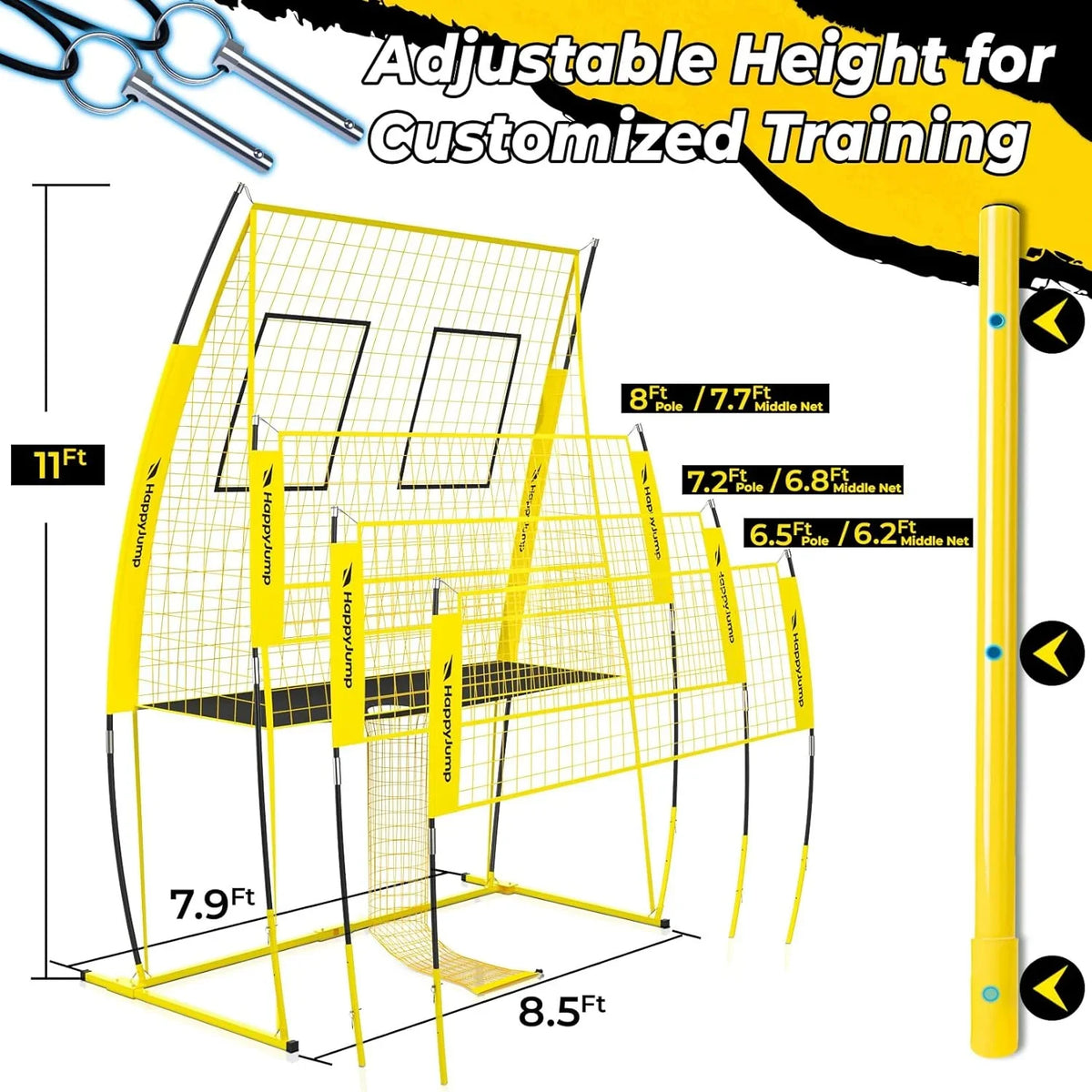 Adjustable volleyball training net equipment system (8x11 feet), suitable for adult outdoor or indoor volleyball practice, equipped with volleyball.