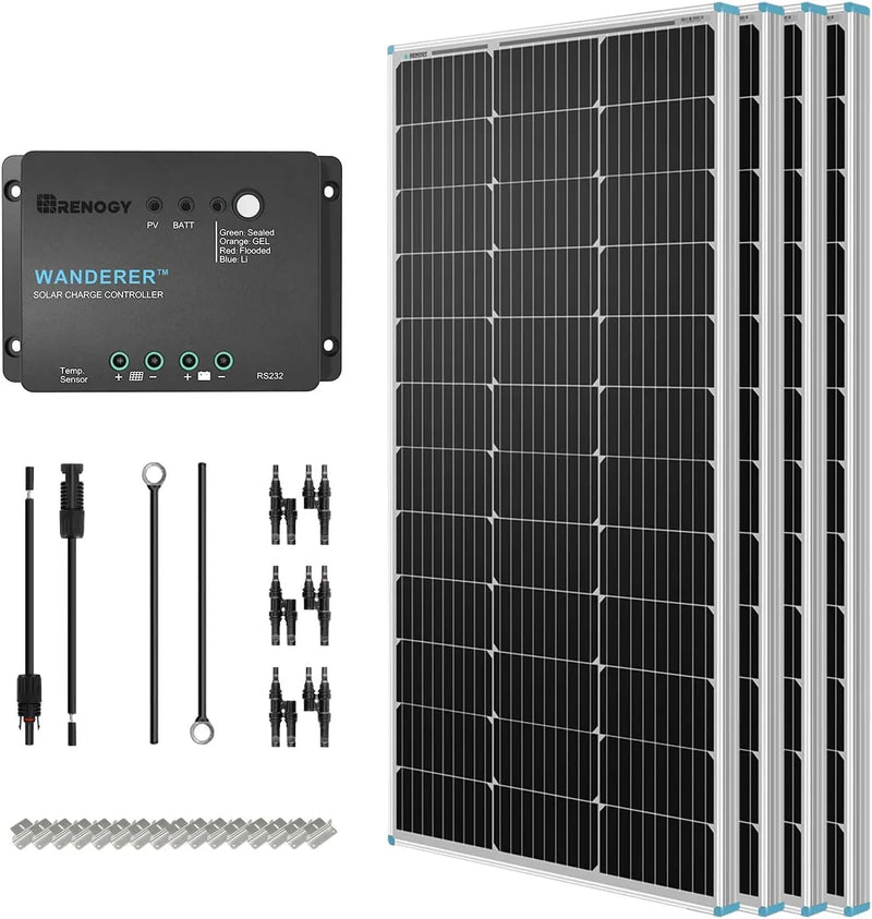 400 Watt 12 Volt Premium 4 Pcs 100W Panel 40A MPPT Charge Controller Wireless Module Fuse Mounting Z Brackets Adaptor Kit Tray Cables Set, 400W, Grid 12V Solar Power System Z6972