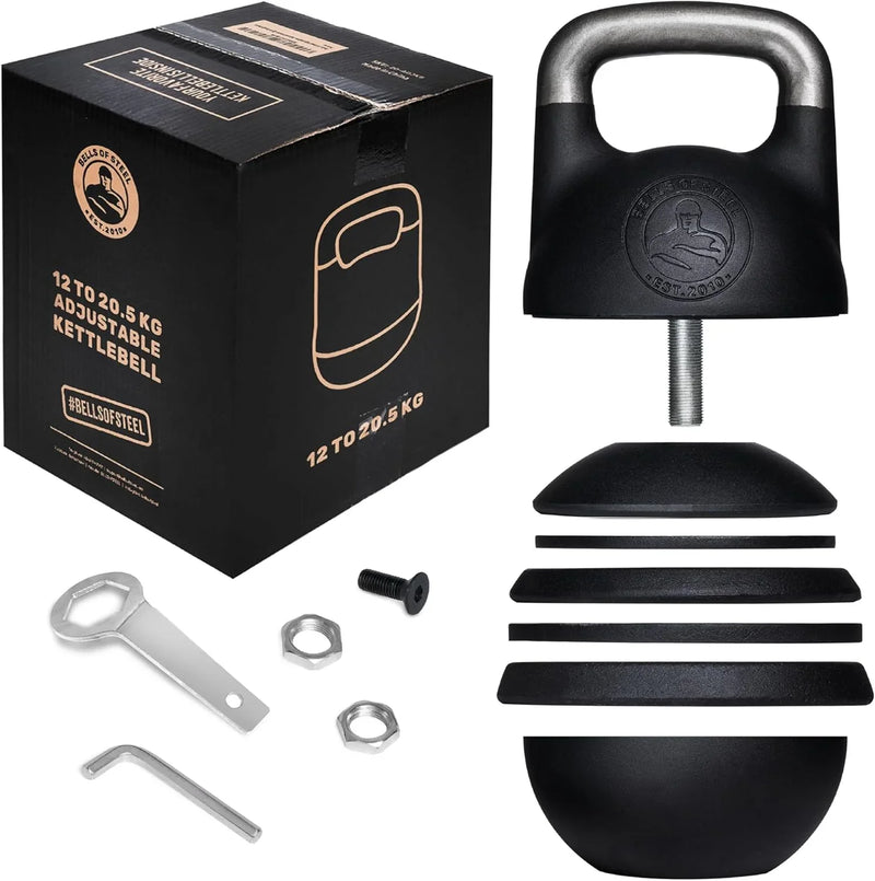 Adjustable Kettlebell Set [Bells of Steel] Kettle Bell Weight Set, Steel Shell, Internally-Loaded for Full Body Workouts, Competition Standard 35mm Handle, 12-20.5kg I6396