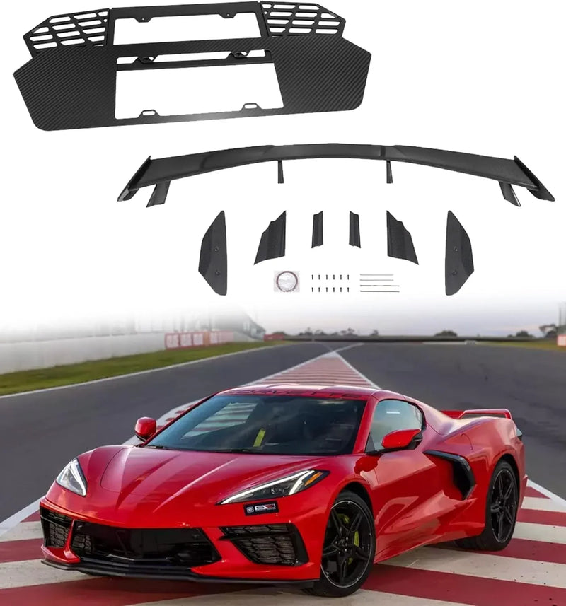 Bundled Items of C8 License Plate Frame and C8 High Wing Spoiler Fit for Corvette C8 2020-2025 Stingray Z51 2020-2025 D5884