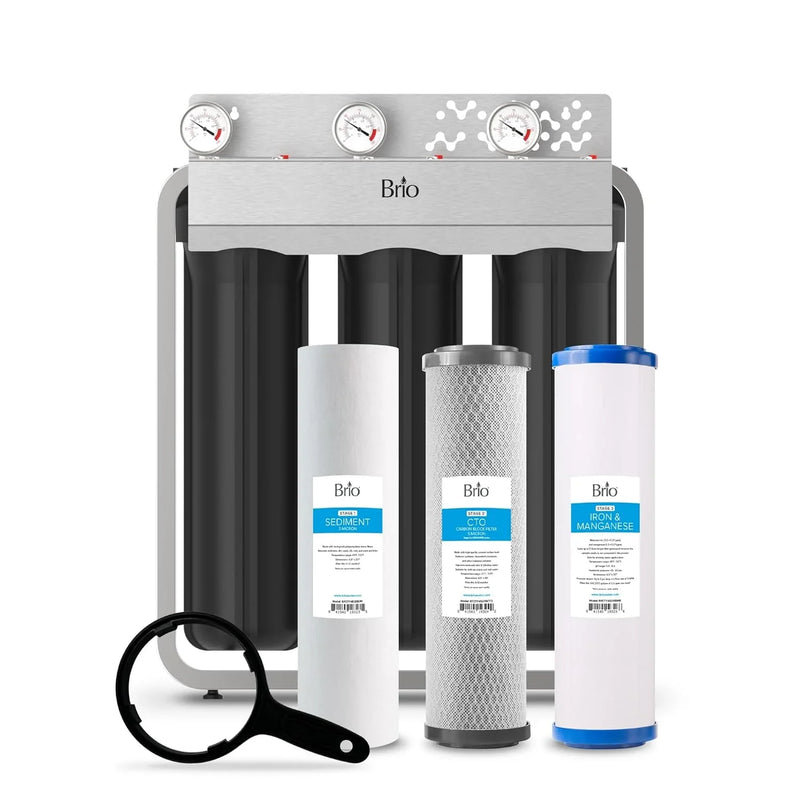 Whole-house filtration system, designed to remove iron and manganese, with a flow rate of 900 gallons per minute, dimensions of 4.5 inches x 20 inches, featuring a built-in sediment filter, activated carbon filter and iron/manganese L6139