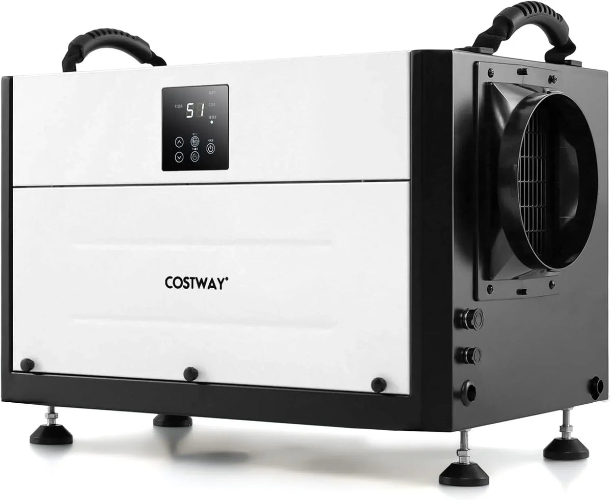 Commercial dehumidifier, suitable for 1300 square feet of basements, storage areas or work sites, equipped with a 9.8-foot drainage pipe and a wired remote control panel, white model.