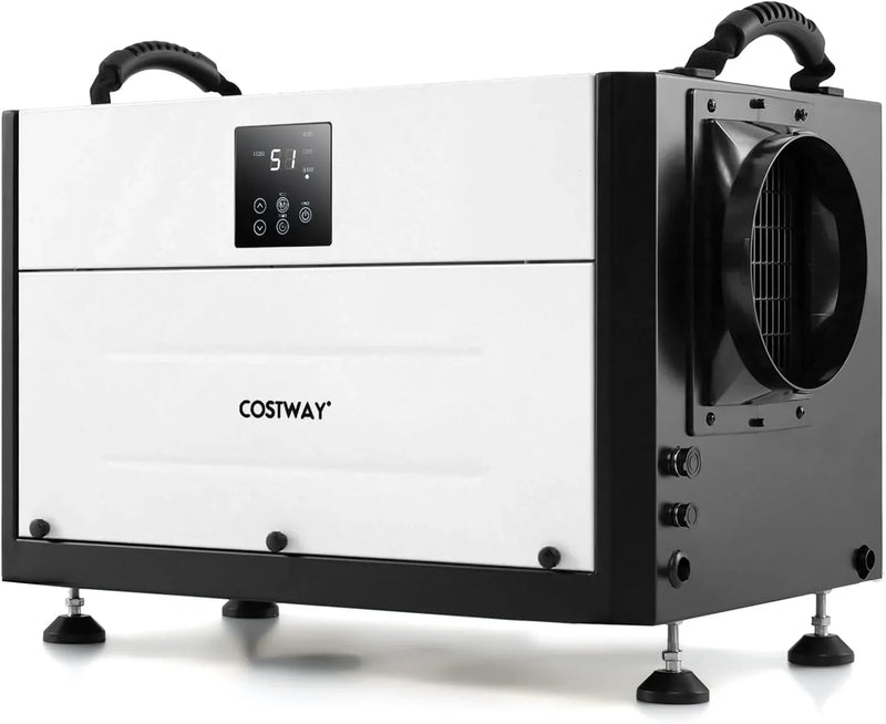 Commercial dehumidifier, suitable for 1300 square feet of basements, storage areas or work sites, equipped with a 9.8-foot drainage pipe and a wired remote control panel, white model. R3721