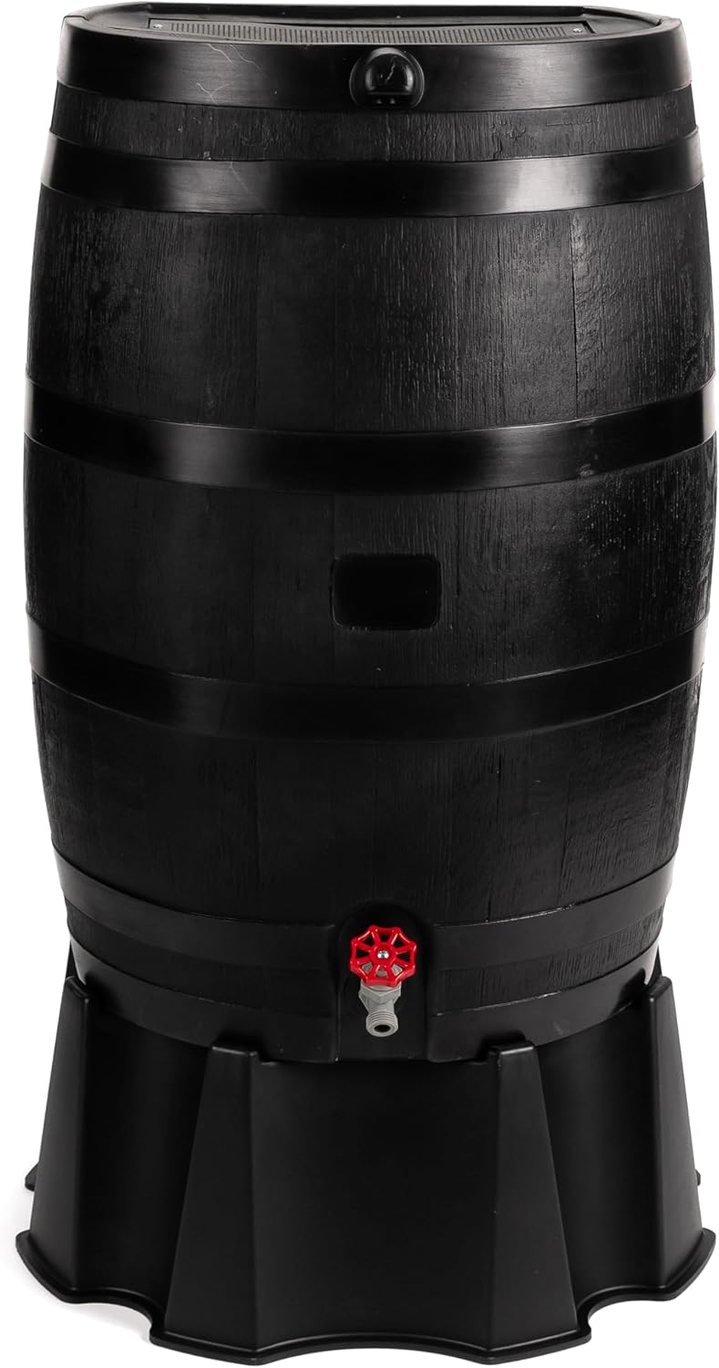 RTS Home Accents 50-Gallon ECO Rain Barrel Made with 100% Recycled Plastic, Flat Back Rain Water Collection Barrel, Black J4711
