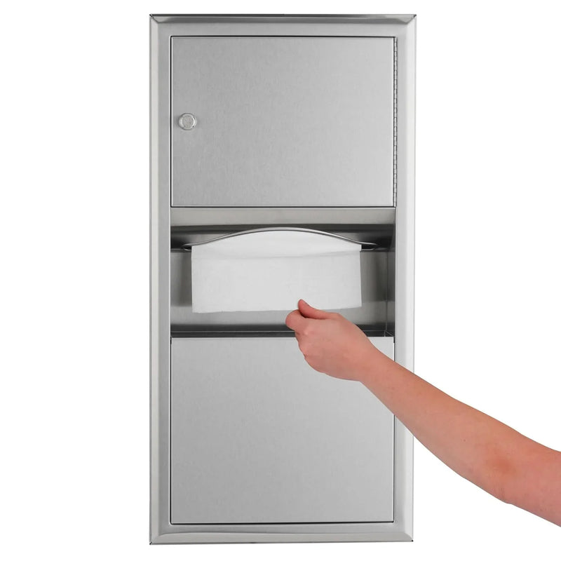 Wall-mounted tissue dispenser and waste paper storage box. Mirror-polished stainless steel material. 2-gallon capacity. Can hold 350 single-layer or 475 multi-layer tissues. Easy to install. Suitable for commercial bathrooms. M2911